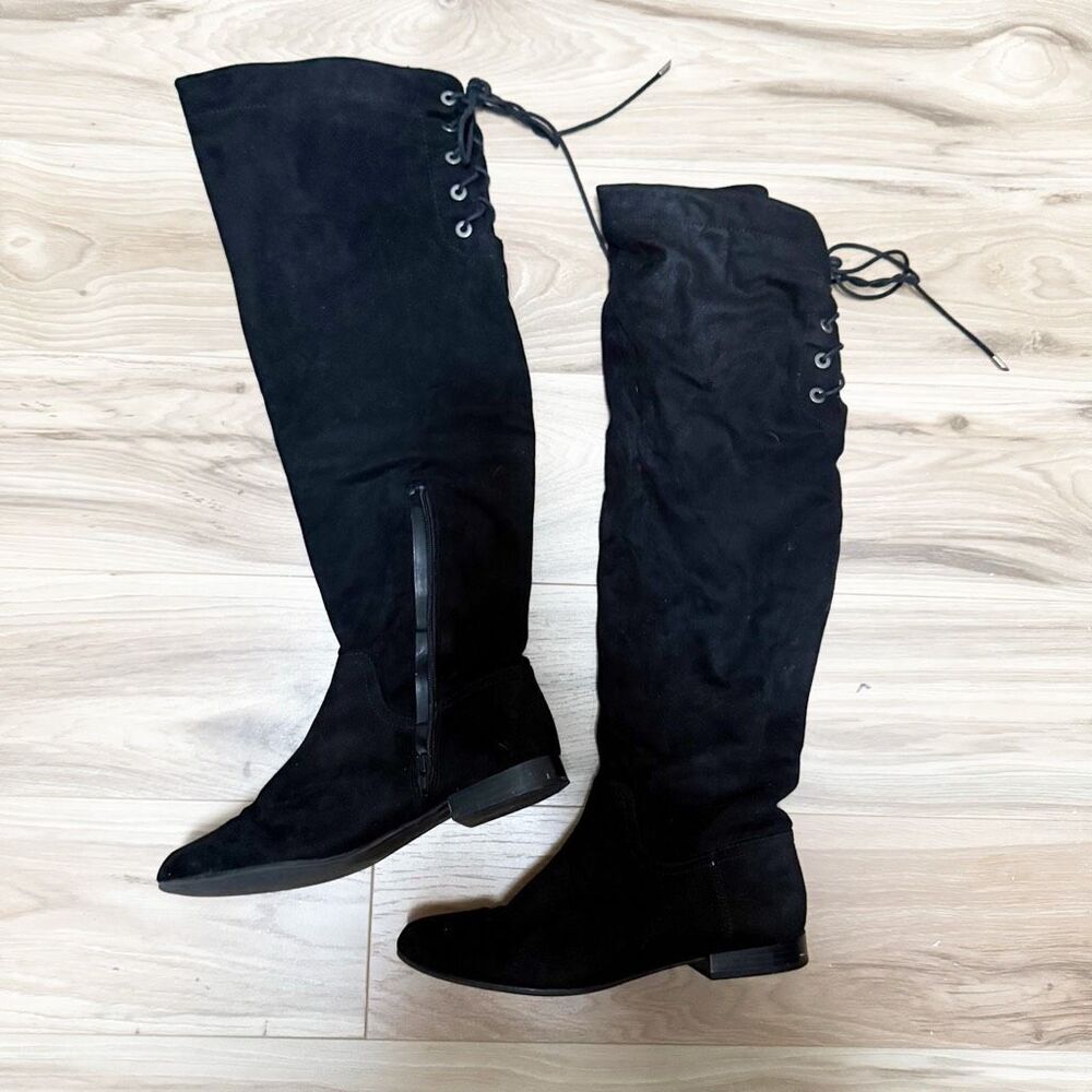 ALDO | Black Riding Style Lace Back Over Knee Tall Boots Faux Suede | Size 9